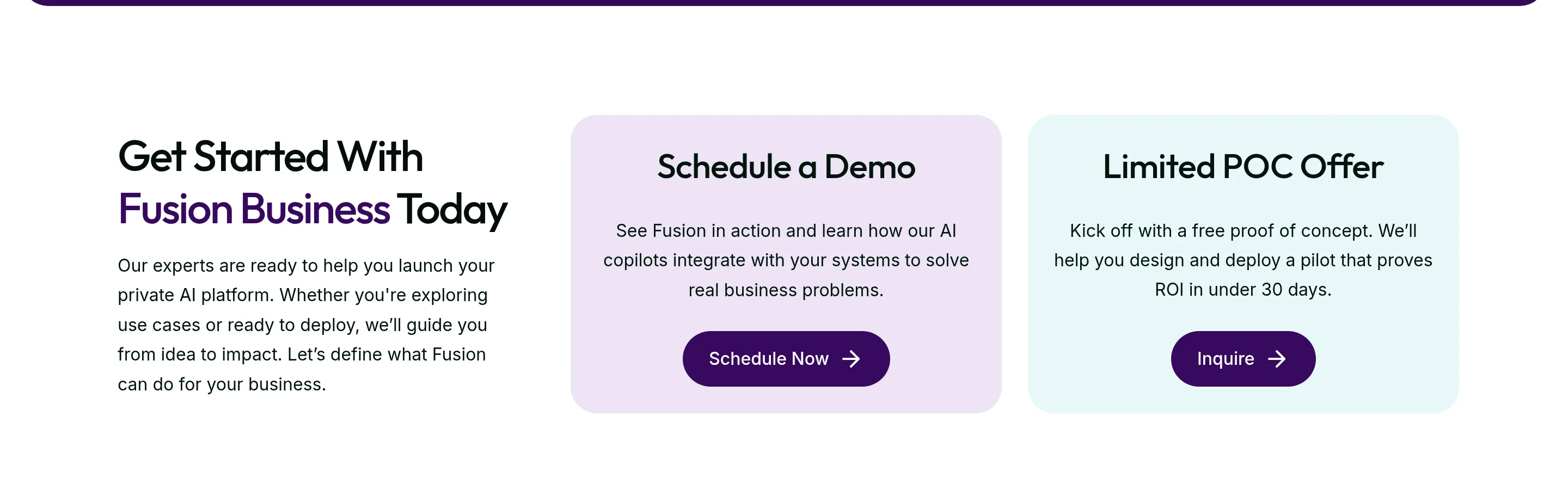 The Fusion Business conversion section, offering a scheduled demo and a limited proof of concept