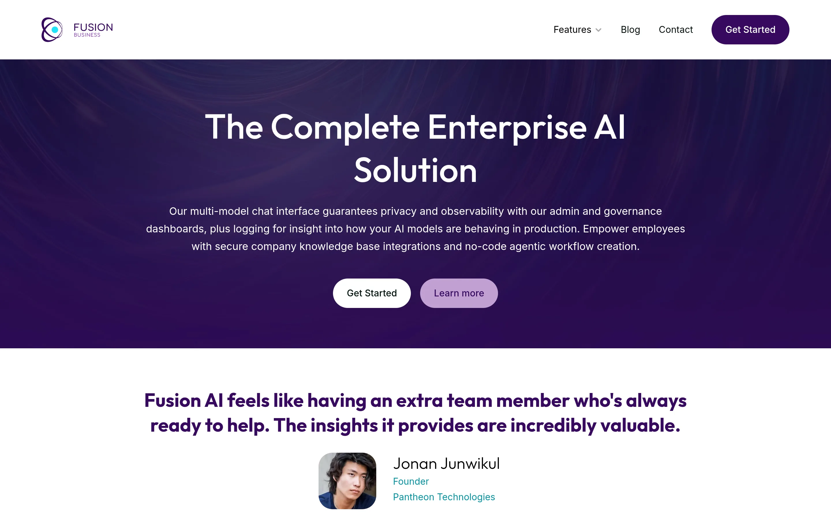 The live Fusion Business homepage, with the headline The Complete Enterprise AI Solution above the call to action