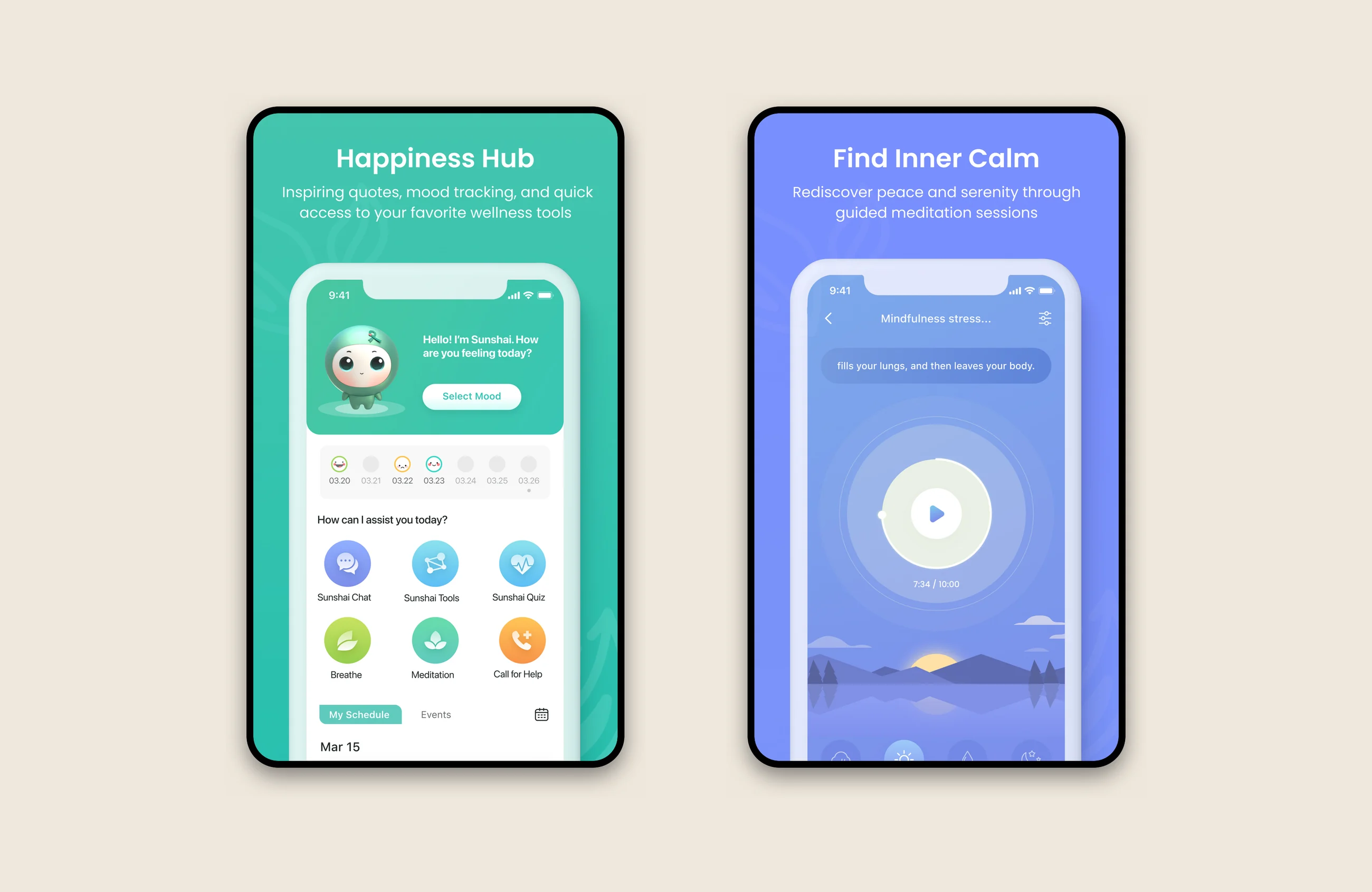 Screens from UrSpace and MiSunshine, the two MHACC mental health apps live on the Apple App Store and Google Play