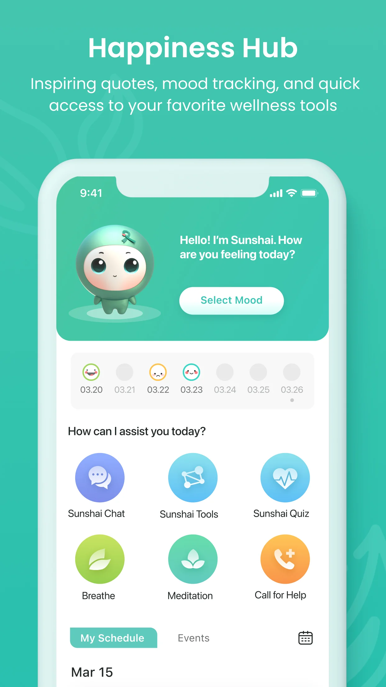 The UrSpace home screen, showing mood tracking and shortcuts to chat, tools, breathing, meditation, and a call-for-help button