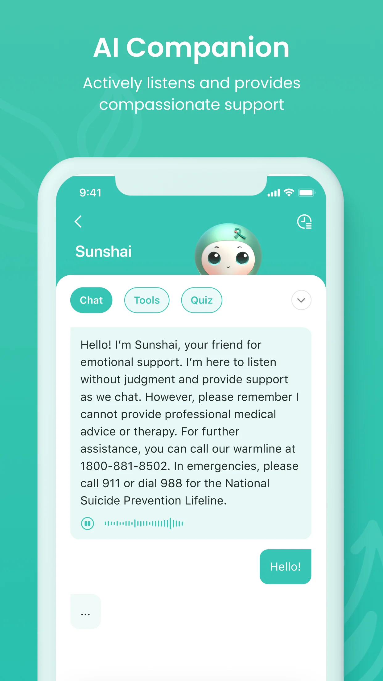The UrSpace AI companion screen, showing a chat conversation with crisis-line information in the response