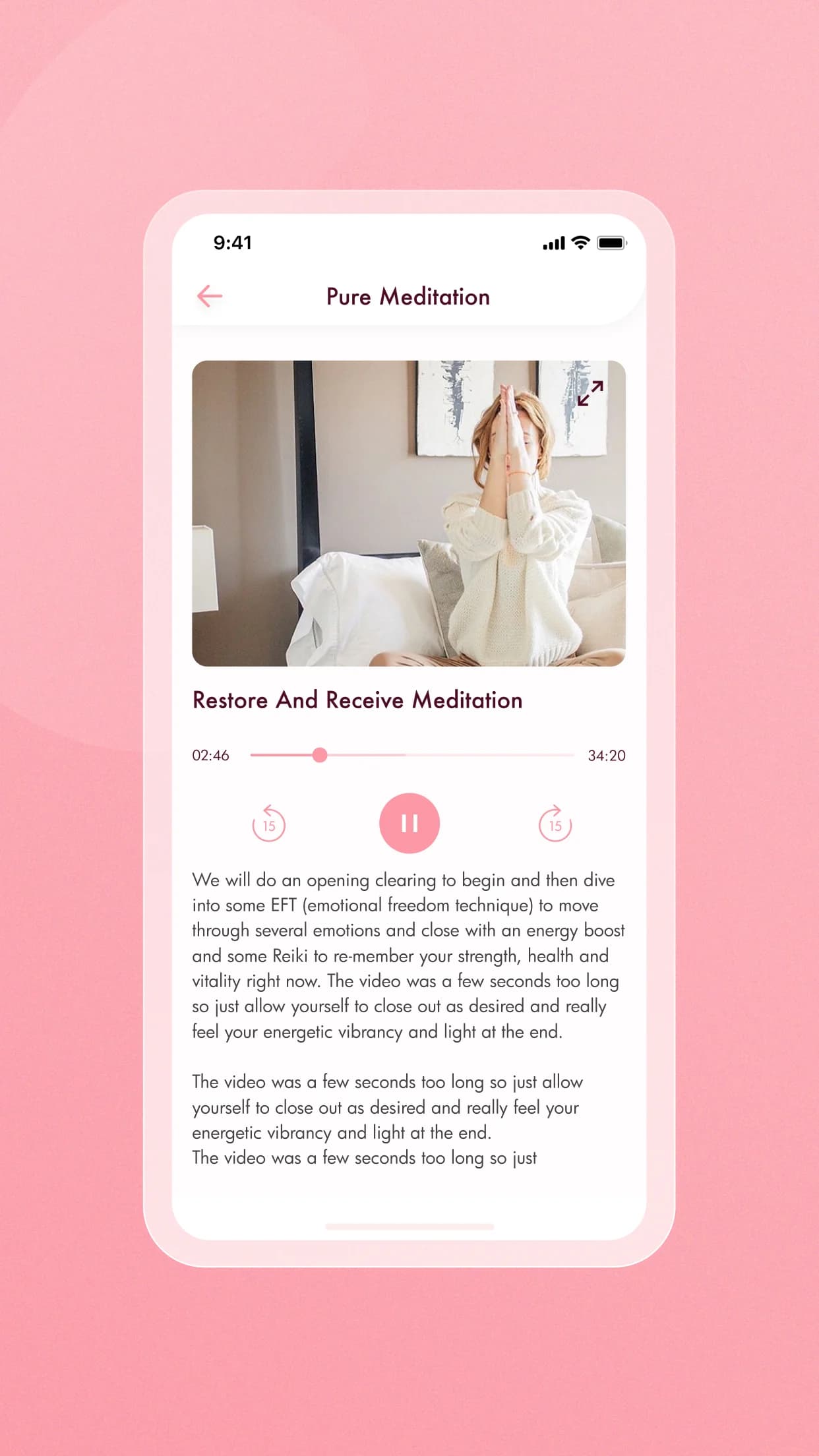 The Pure Joy guided meditation player, with a video still, scrubber, and the session description below