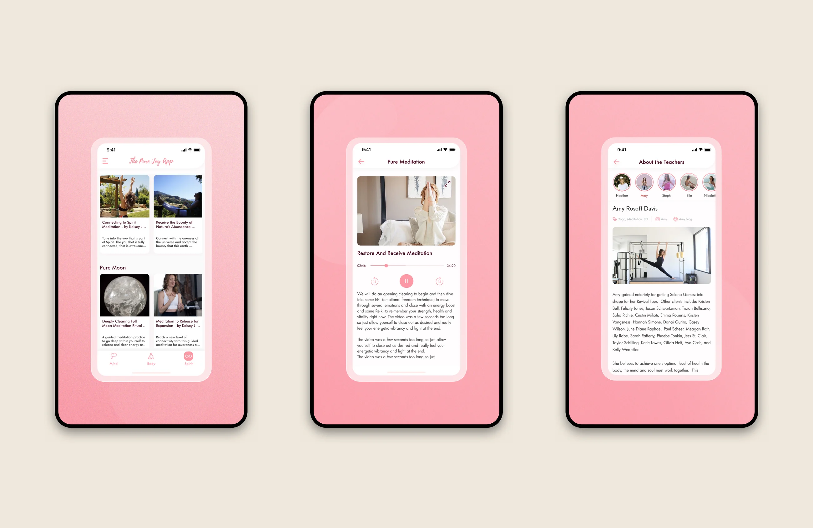 Three screens from the Pure Joy app, showing a guided meditation player, the founder's introduction, and the teacher directory
