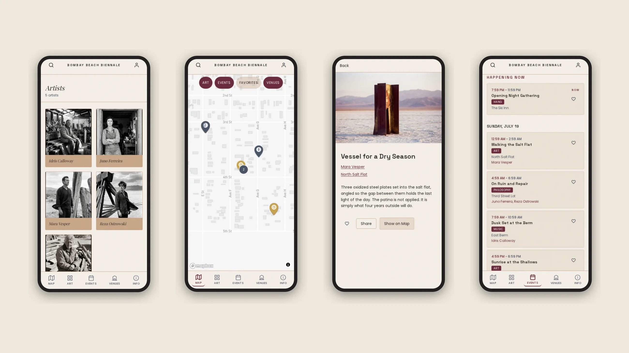 Four phone screens from the Bombay Beach Biennale app showing the artist directory, the interactive map, an exhibit detail page, and the event schedule.