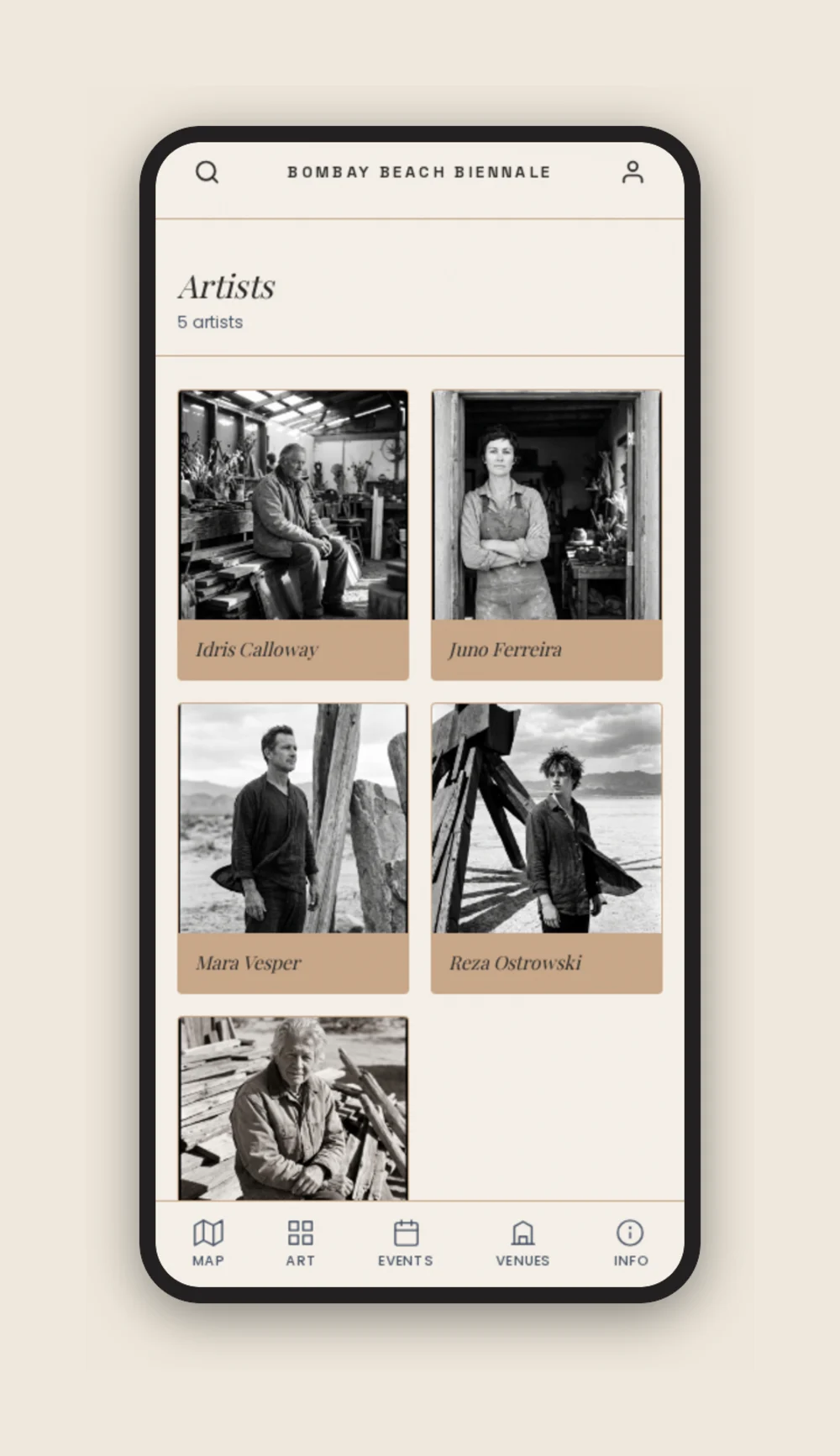 Artist directory screen showing a two column grid of black and white artist portraits with names