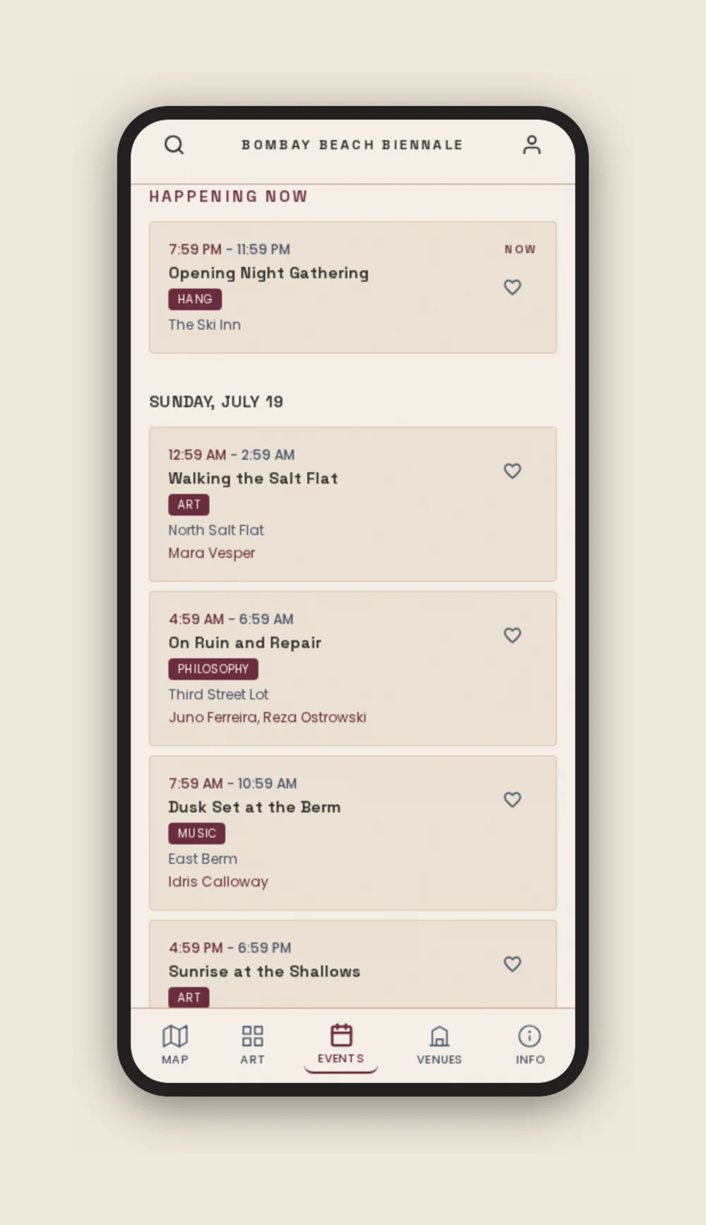 Event schedule screen grouped by day with a live NOW indicator on a currently running event