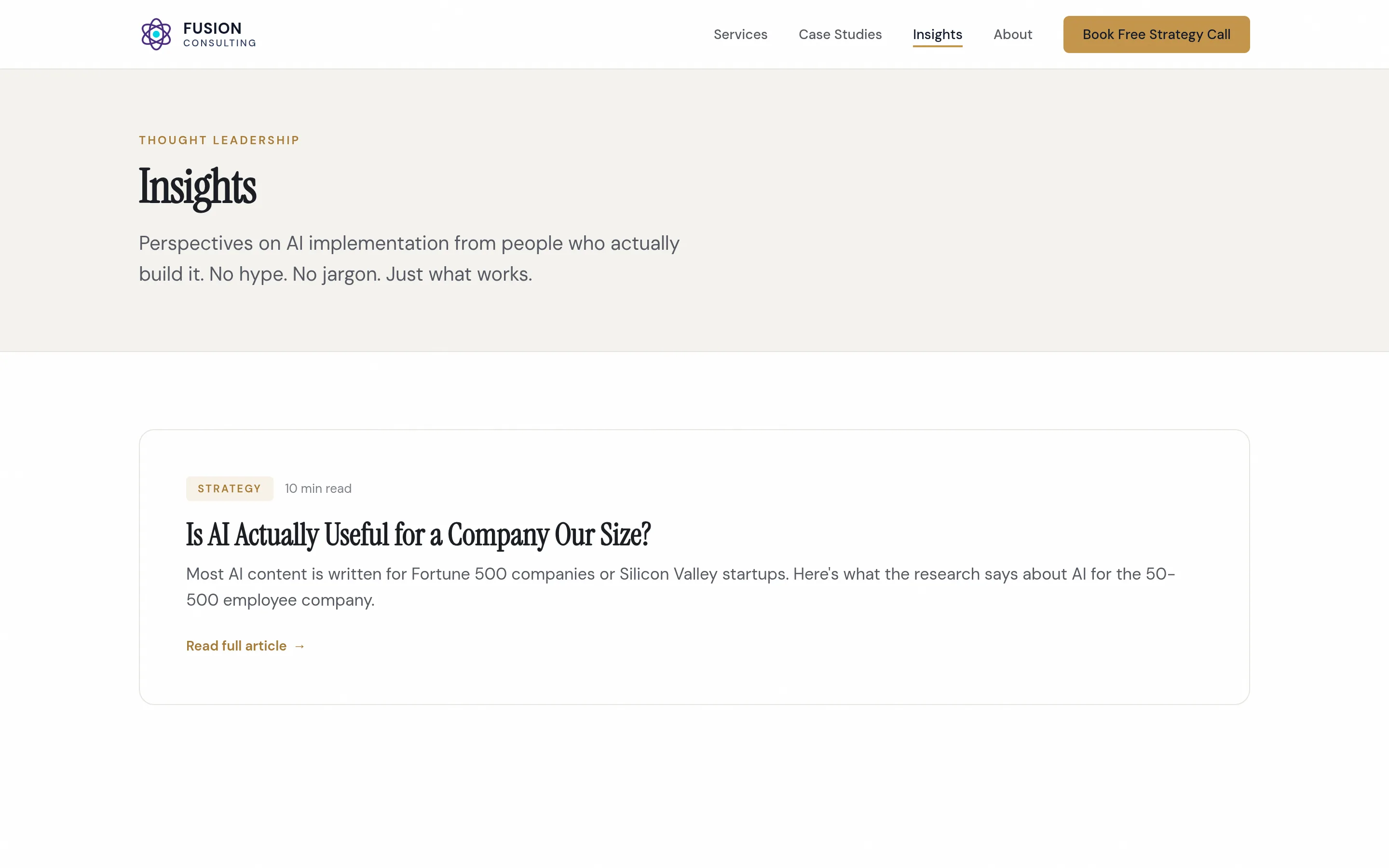 The Fusion Consulting insights listing page, showing published articles tagged by category with read-time estimates